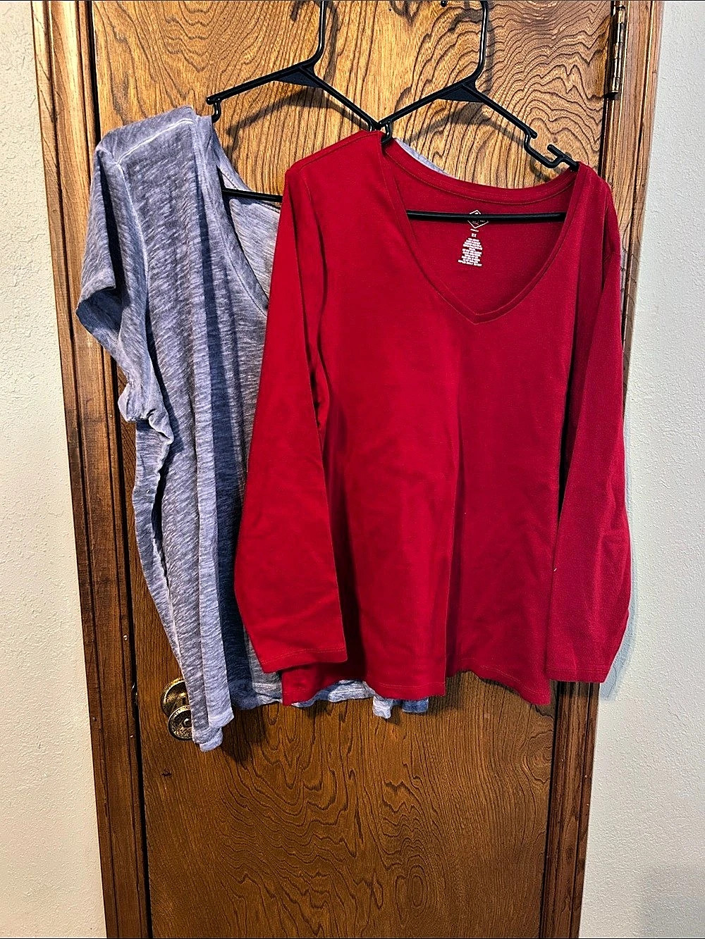 St. John's Bay Long Sleeve & V-Neck T-Shirt 2X Red & Bluish Gray